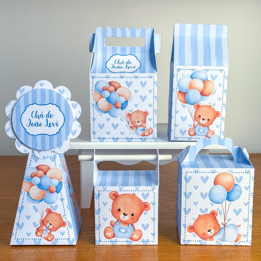 Kit 25 Caixinhas Tema Ursinho Baloeiro Azul